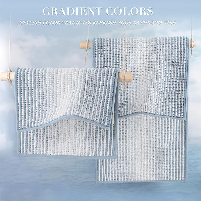 Chenille Bathroom Rugs, 24 x 43 Inches Non Slip Absorbent Bath Mat, Soft Shaggy Shower Bath Floor Mats for Bathroom, Machine Washable (Ice Blue)