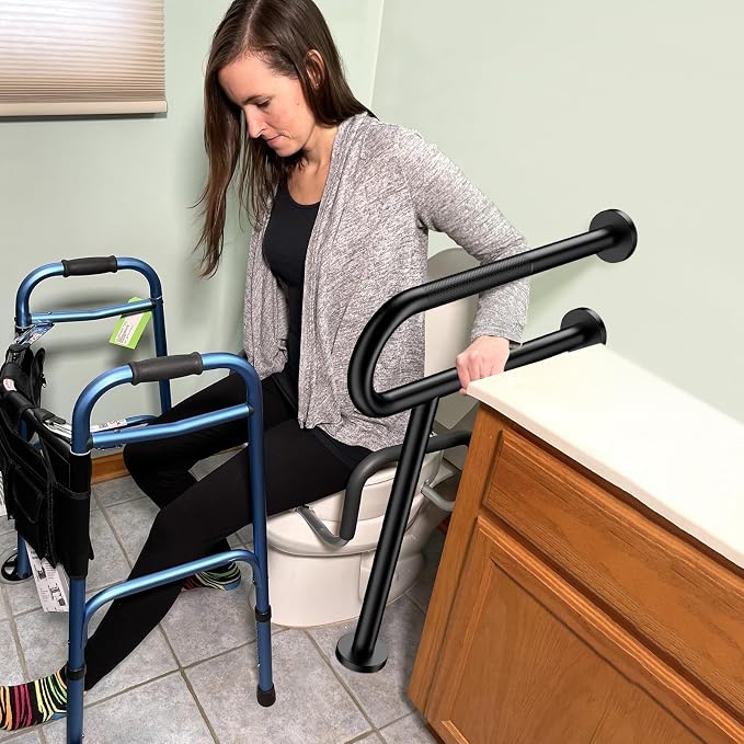 Toilet Support Rail 24x28 Inch, Munzong Anti-Slip Black Handicap Grab Bar | Folding Stainless Steel Knurled Safety handrails with Leg for Bathroom Elderly Disabled Pregnant-1.25’Tube