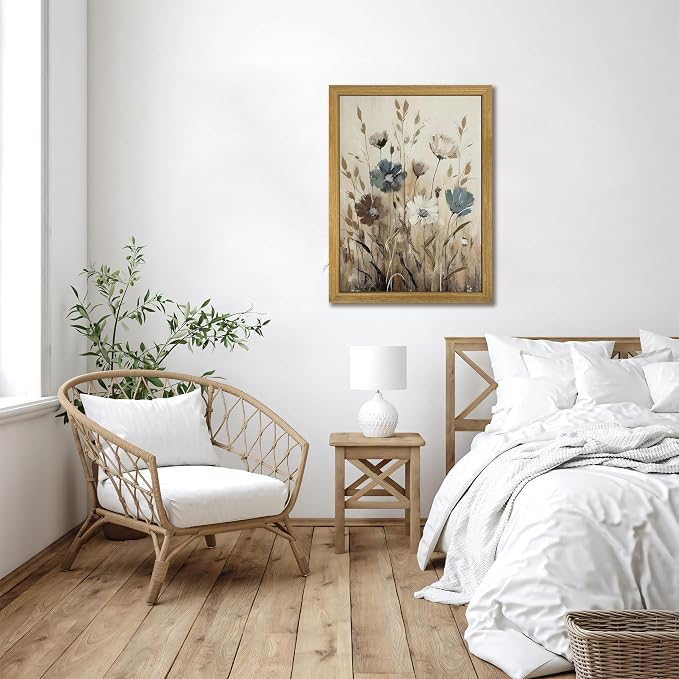 Yaneiro Wood Framed Vintage Wildflower Wall Art, Boho Canvas Wall Decor Paintings, Sage Flower Bathroom Decor, Countryside Farmhouse Landscape Posters Print for Bedroom Hallway Living Room 12x16 Inch