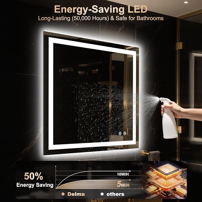 LED Vanity Mirror with Lights 30x30 Inch, Front & Backlit Bathroom Mirror, Dimmable 3 Color Lighting Anti-Fog Wall Mounted Mirror, Shatterproof Tempered Glass, Horizontal or Vertical