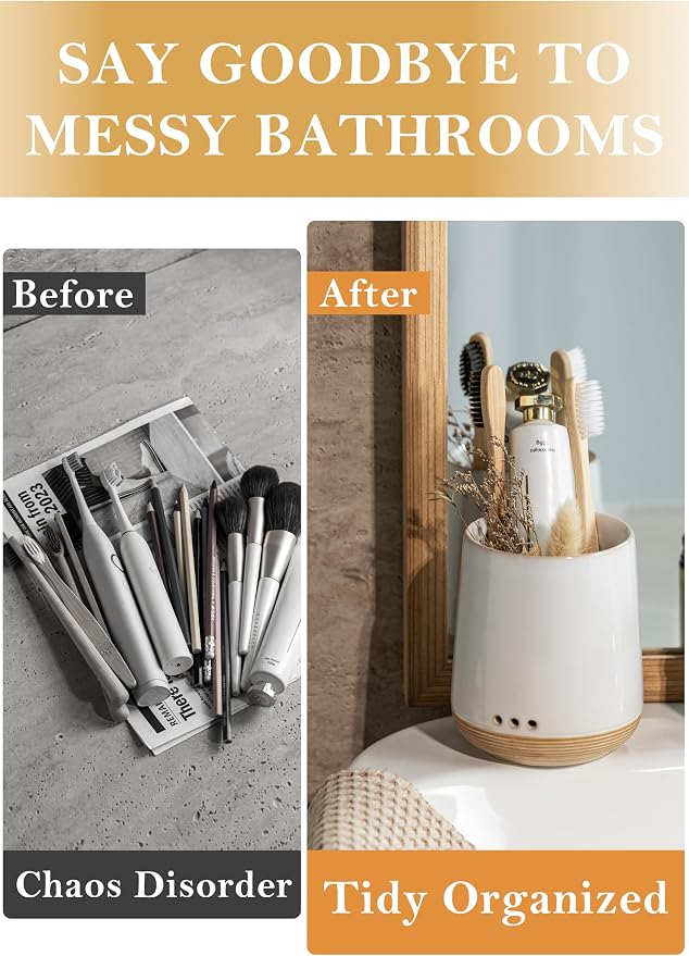 LYEOBOH Ceramic Toothbrush Cup, Cute Toothbrush Holder with Drainage,White | Farmhouse Tooth Brush Holder for Bathroom, Countertop Toothbrush Organizer, Electric Toothbrush Storage for Kids & Family