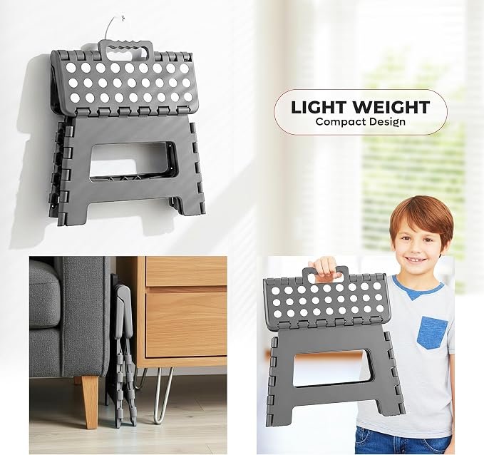 Utopia Home Folding Step Stool 9 Inch, Anti-Slip, Grey, 1-Pack | Foldable step stool with anti-slip surface, built-in handle, and 300 lbs support for safe home use.