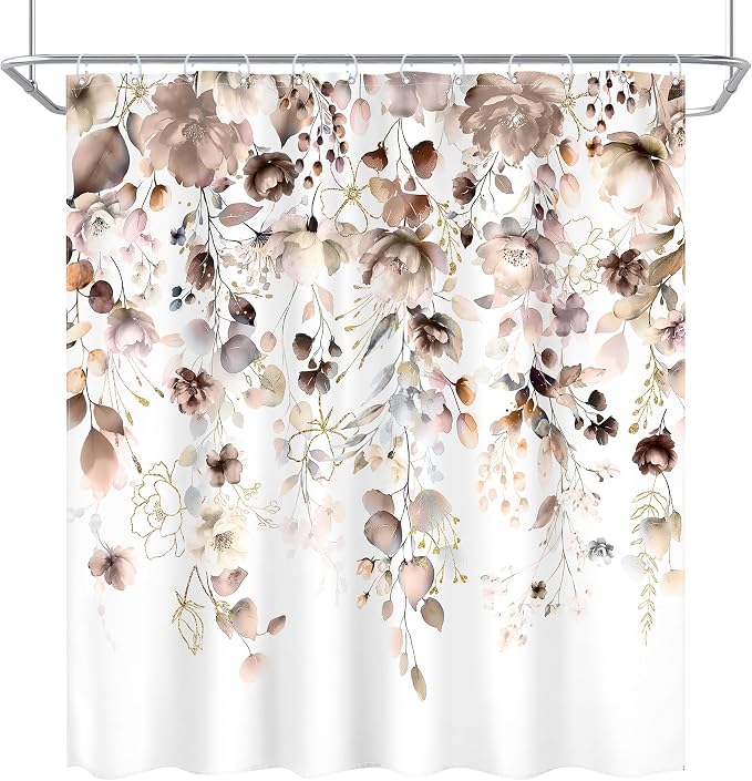Brown Floral Autumn Fall Tan Watercolor Bathroom Shower Curtain Set | 72"W x 72"L Flower Eucalyptus style, clear shower print, fast-dry fabric and hooks for a simple bath update.