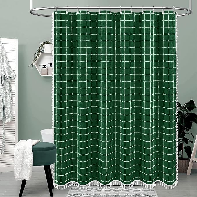 Long Boho Farmhouse Linen Fabric Shower Curtain, 72x84, Emerald Green | Tall Size, 330GSM Linen Blend, 3-side Tassels, Water Repellent Cloth, 12 Plastic Hooks, Rustic Bohemian, Machine Washable