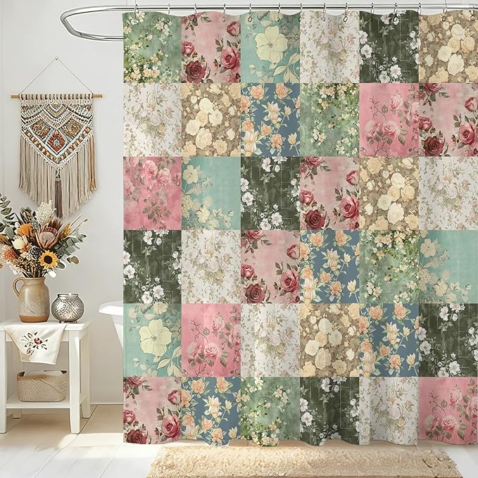 Shower Curtains for Bathroom, Boho Shower Curtain, Vintage Green Boho Floral Bathroom Decor Bath Curtain, Mid Century Waterproof Retro Farmhouse Patchwork Floral Shower Curtain, 72 X 72 Inches