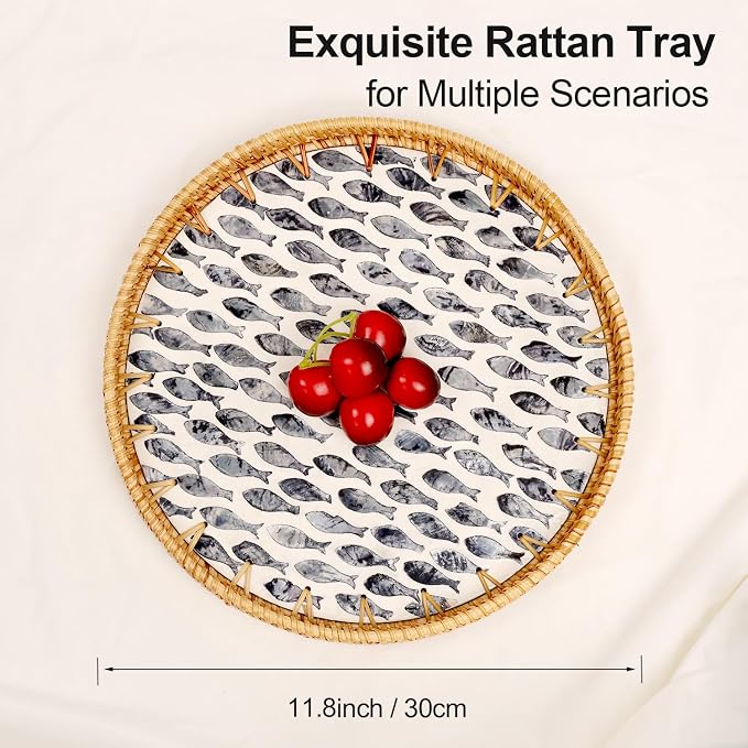 Round Rattan Tray with Mother of Pearl Inlay, Rattan Serving Tray for Coffee, Bread, Fruits, Decorative Wicker Tray for Table Decor, Home Decor, Kitchen Island Decor (Black Fish, 11.8")