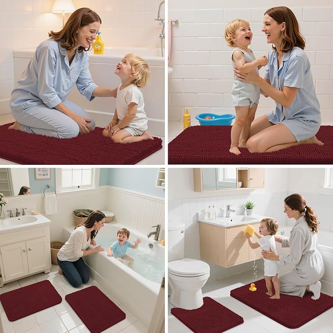 Arotive Bathroom Rugs 44x24, Soft Absorbent Shaggy Chenille Bath Rugs | Burgundy, Machine Washable Rubber Backing Bath Mats for Bathroom Floor Tub and Shower Home Decor Accessories