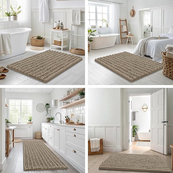 Smiry Bathroom Rugs 34X21, Extra Soft Rubber Backing Chenille Bath Mats | Latte Machine Washable Non Slip Quick Dry Bath Mats for Bathroom Floor, Tub, Shower, Home Decor Accessories