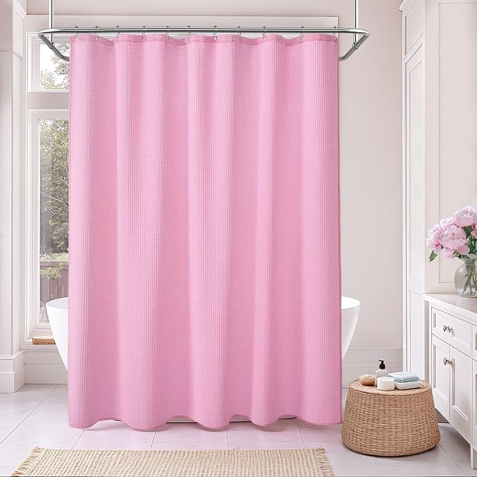 Waffle Weave Shower Curtain Heavyweight Cotton Fabric Pink 72Wx72L | Soft Cotton Cloth,3D Square Truely Waffle Washable, Hotel Luxury Spa, Shower Curtain Set for Bathroom 12 Plastic Hooks