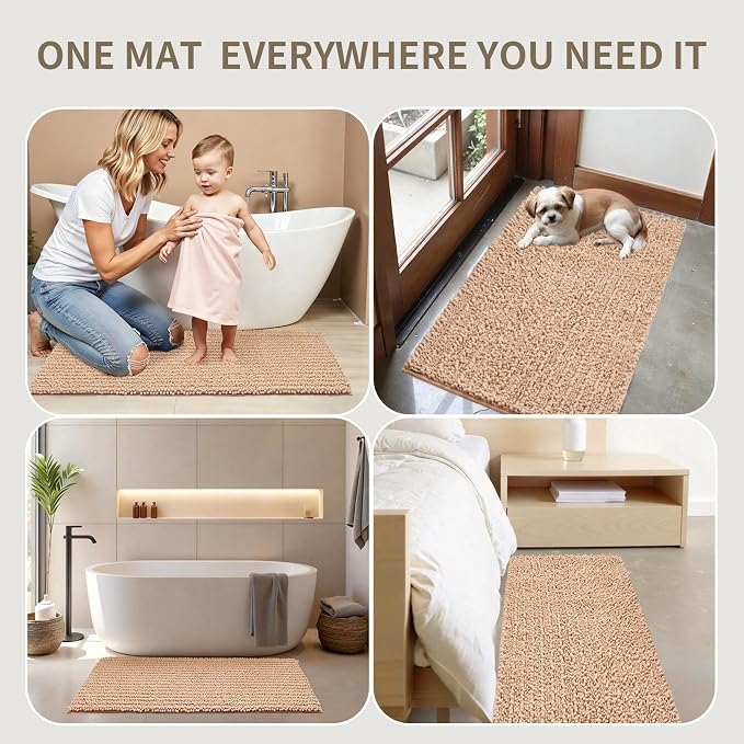 Bathroom Rugs Non Slip Washable 70x24, Extra Thick Soft Chenille Absorbent Bath Mat, High Density Barrier Non Slip Backing, Quick Dry Plush Shaggy Floor Carpet for Tub&Shower, Beige
