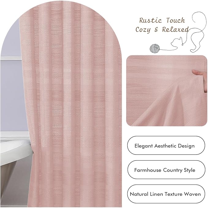Pink Shower Curtain 78 Inch Long, Boho Thick Linen Textured Shower Curtain with Tassel, Farmhouse Minimalist Striped Weighted Machine Washable Bathroom Decor, 72Wx78L Inches