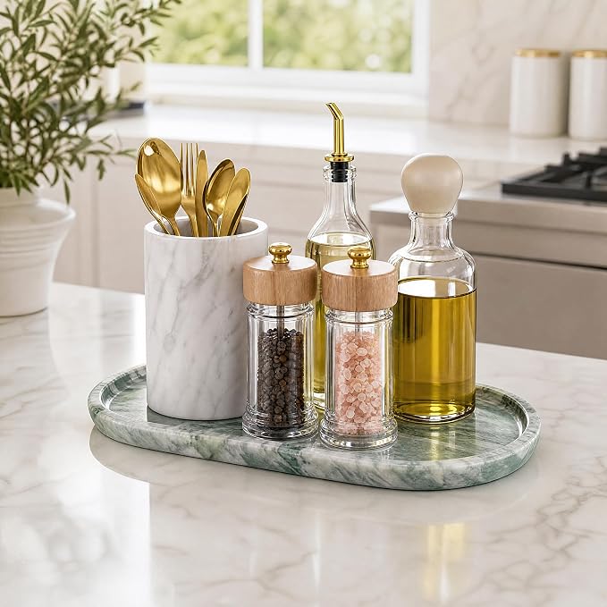 Natural Marble Tray, 12.6"x6.3" Bathroom Vanity Tray for Home Decor | Jewelry Holder Dish, Kitchen Counter Accessories for Perfume Candles Soap, Smooth and Easy to Clean, Large Catchall Tray