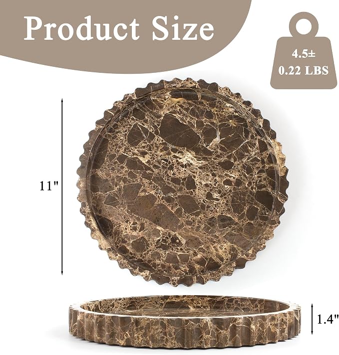 Natural Marble Tray for Bathroom, Dark Brown, Round, 11 Inch | Real Stone Decorative Vanity Tray with Fluted Edge, Large Round Marble Serving Storage Tray for Counter, Dresser, Home Decor