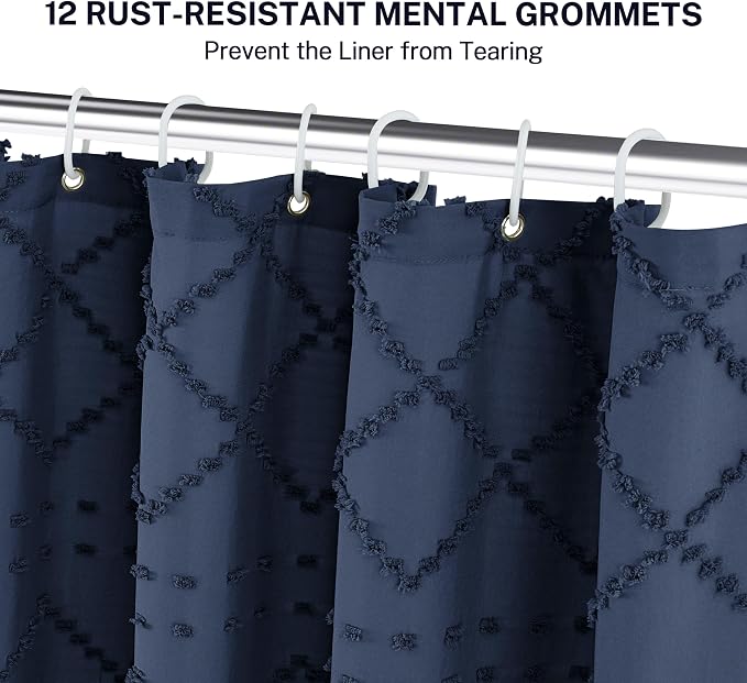 Siiluminisoy Navy Blue Shower Curtain Boho Shower Curtains Fabric, Tufted Chevron Textured Striped Modern Minimalist Cloth Shower Curtain for Bathroom, 72 x 72