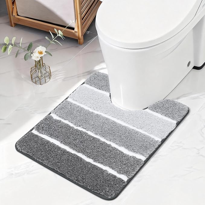 COSY HOMEER Toilet Rugs U-Shaped 24"x20", Ultra Soft Absorbent Bath Mat | Non-Slip TPR Backing, Machine Washable Shaggy Rug for Toilet,Grey & White