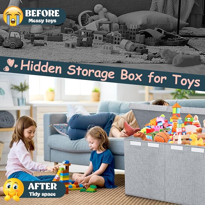 Extra Large Toy Box with Lids, Collapsible Storage Bin, 38"x16"x14",Gray | Sturdy Chest Basket with Dividers for Boys & Girls, Bedroom Nursery Playroom Organization