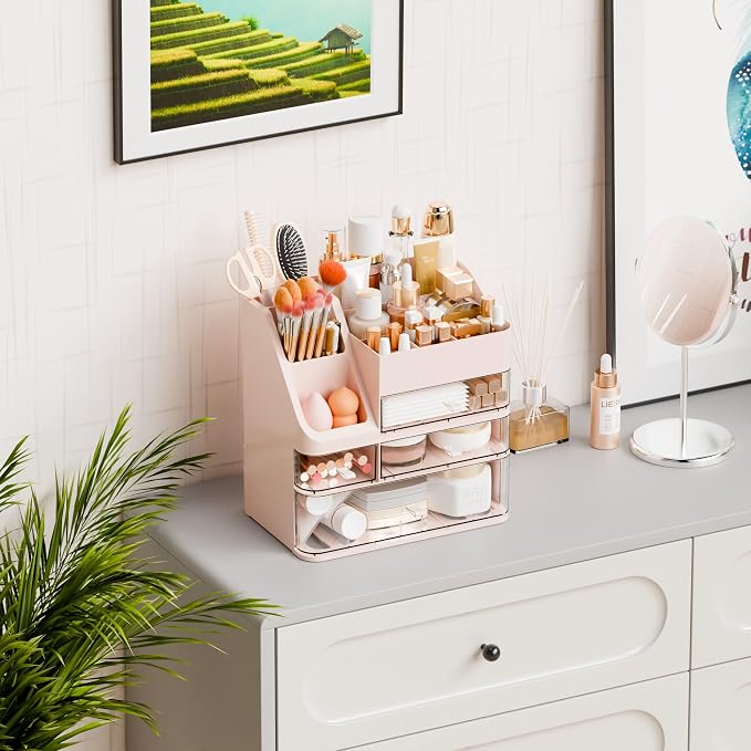 Pink Makeup Organizer Countertop With 4 Drawers,Large Cosmetics Storage Organizer for Brush,Hair Products,Plastic Makeup Holders and Beauty Skincare Organizers for Bathroom,Vanity,Dresser Top