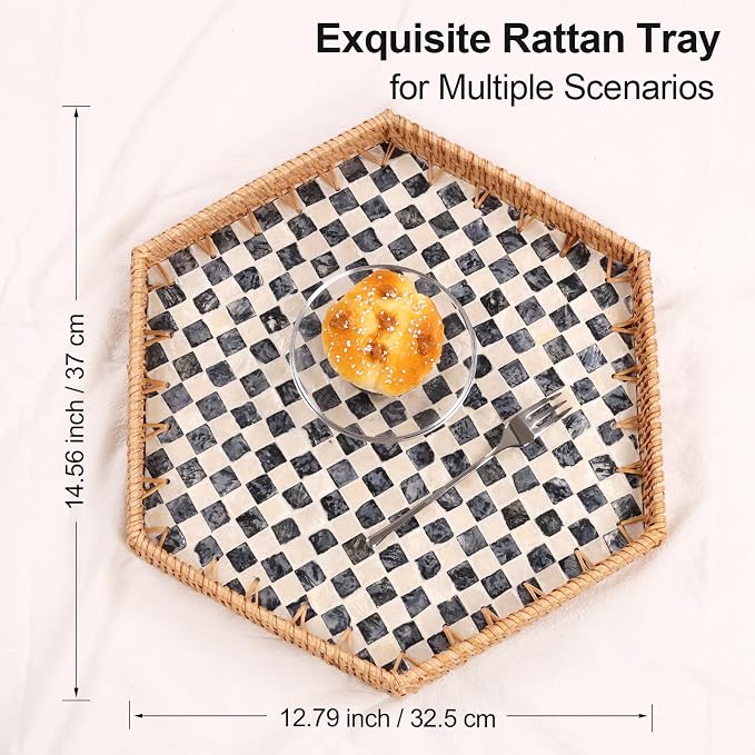 Hexagon Rattan Tray with Mother of Pearl Inlay, Rattan Serving Tray for Coffee, Bread, Fruits, Snacks, Decorative Wicker Tray for Table Decor, Home Decor (Black Checker, 14.5"×12.8")