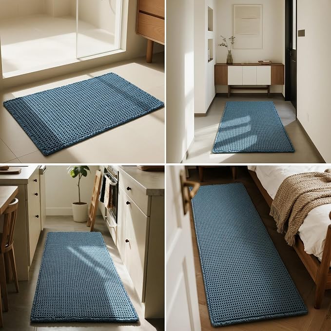 Triohero Waffle Runner Rug Bathroom, Long Boho Bath Mat, 24x60 Denim Blue | Super Absorbent Quick Dry Bath Rug, Non-Slip Backing, Soft Waffle Washable Farmhouse Bathroom Mats, Tub, Shower & Home Decor
