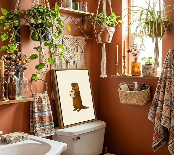 Floating Framed Funny Bathroom Otter Canvas Wall Art Cute Otter Painting Picture Wall Decor Humor Bathroom Animal Poster Print Artwork for Washroom Bathroom Toilet Home Decoration 12x16in