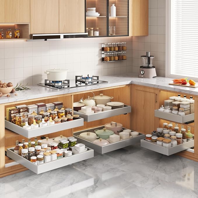 Seinloes 2 Pack Pull Out Cabinet Organizers 21"Deep with Raising Pad for Framed Cabinets,Expandable Slide Out Drawers Upgrade 3 Slide Rails,Roll Out Shelves Adhesive,Adjustable Width 12"-20.45" Silver