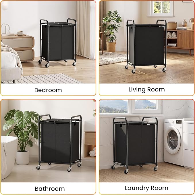 120L Laundry Sorter 2 Section, Rolling Laundry Basket with Wheels & Lid | 31.7 Gal Laundry Hamper, 2 Separated Removable Bags, Lockable Wheels, Dirty Clothes Hamper for Laundry Room, Bedroom, Black