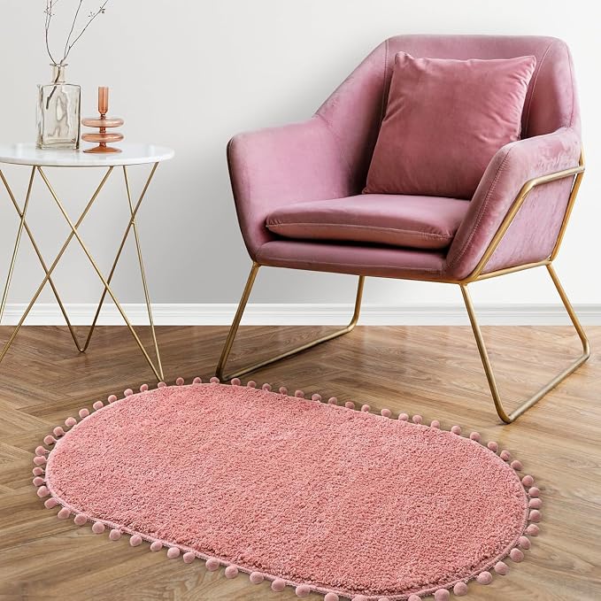 YIRDDEO Oval Rug for Bathroom, Cute Boho Bath Mat with Pom, Dusty Pink | Soft Plush, Absorbent, Quick Dry, Machine Washable, Non Slip Bath Mat for Bathroom Shower Floor Home Decor