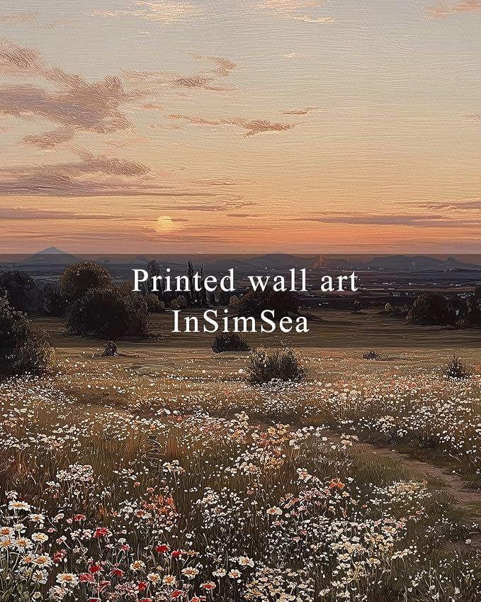 InSimSea Framed Canvas Prints Vintage Decor, Sunset Flower Field Landscape Paintings Wall Art, Large Countryside Farmhouse Hanging Wall Decor for Living Room Bedroom, 24x36inch