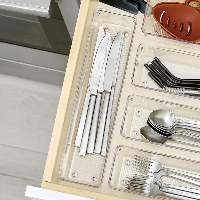 iDesign Plastic Drawer Organizer Bins, Set of 3, Clear | Storage for Kitchen, Storage for Bathroom, Storage for Desk Drawers
