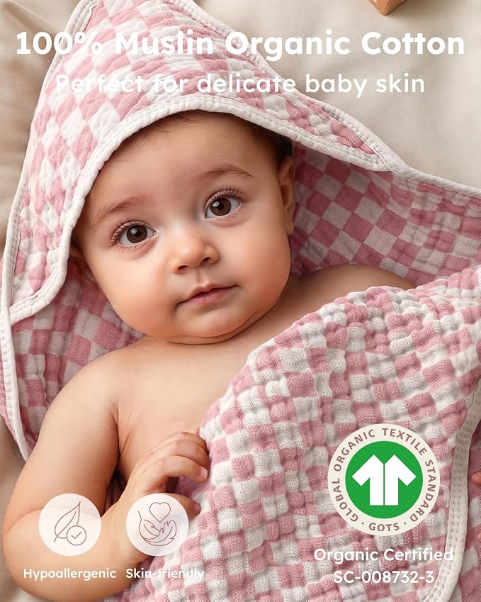 Yoofoss Hooded Baby Towels for Newborn 2 Pack 100% Muslin Organic Cotton Baby Bath Towel with Hood for Babies, Infant, Toddler and Kids, 32x32Inch, Soft and Absorbent, Pink Blue Checkered