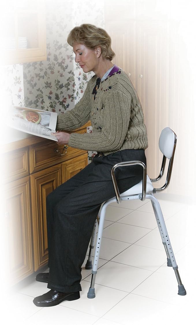 Drive Medical 12455 Adjustable Height Stool with Back and Arms, White | Adjustable Height Stool Includes Back and Arms for Comfortable, Stable Everyday Seating Support, White Finish