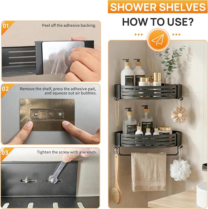 Gun Grey Adhesive Triangle Shower Caddy with Hooks, Towel Bar, Soap Dish | No-drill triangle shower basket with towel bar, soap dish and hooks for smooth tile, glass and stainless steel walls
