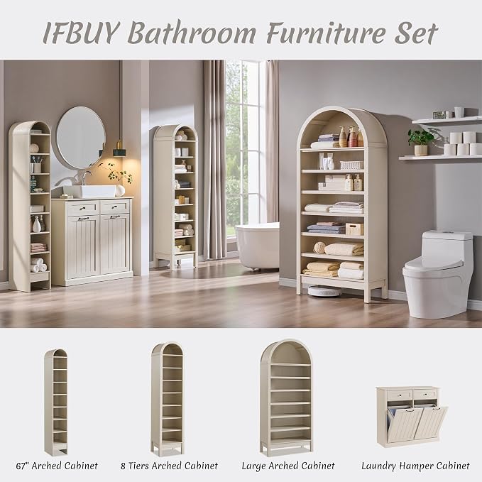 IFBUY Double Tilt Out Laundry Hamper Cabinet, Trash Cabinet, Cream | 20 Gallon Farmhouse Trash Cabinet w/Drawers, Hidden Wood Garbage Can Cabinets w/Laundry Storage Basket for Bathroom, Kitchen