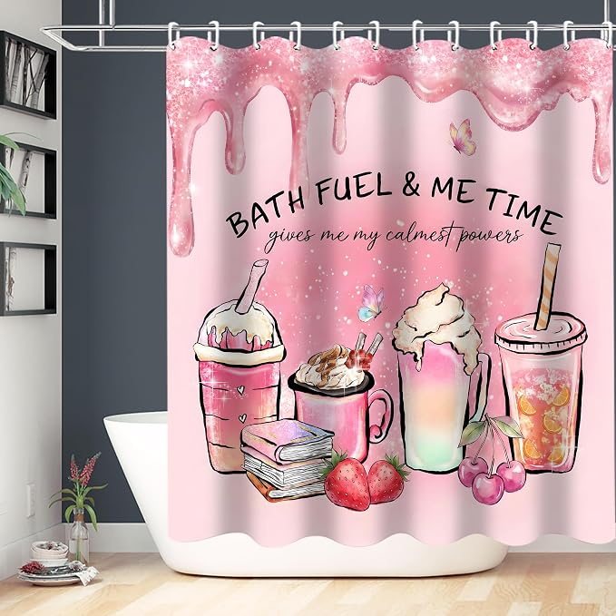 LQCOOL Pink Shower Curtain Set with Rugs,Waterproof Bathroom Sets Pink Shower Curtain with 12 Hooks for Bathroom Decor,Toilet Lid Cover & U-Shaped Mat | Sweet and Pink,Waterproof Polyester & Soft Flannel.12 Hooks, Toilet Lid Cover & U-Shaped Mat for Mo...