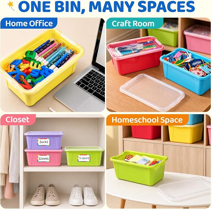 GAMENOTE 6 Quart Storage Bins with Lids, Plastic Latching Box for Classroom & Kids Toy Storage,Stackable Shoe Box Size Containers for STEM Morning Tubs, Crafts & Blocks (6, Macaron)