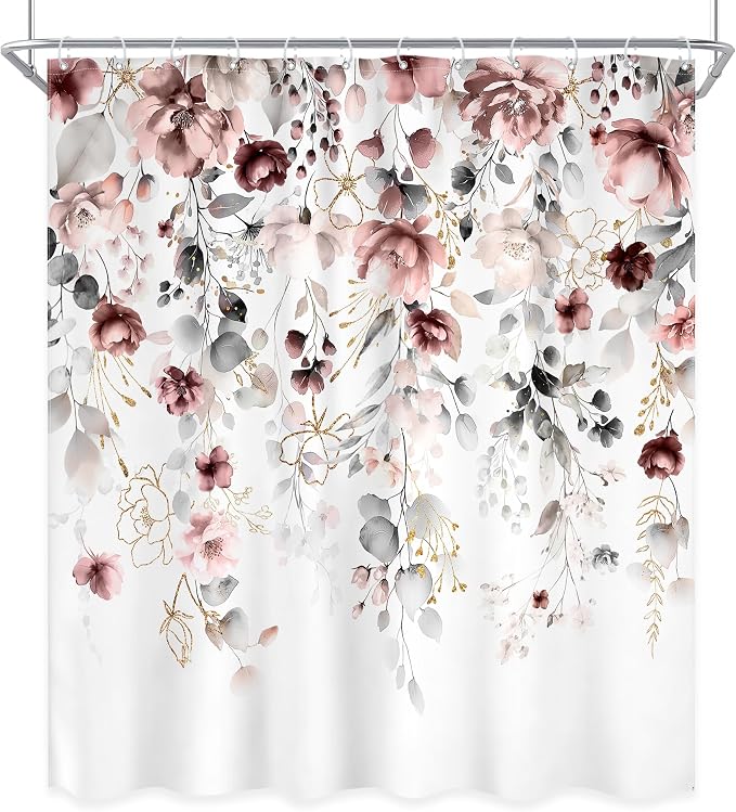 Extra Long Floral Grey Pink Leaves Bathroom Shower Curtain Set | 72"W x 78"L Flower Blossom style, clear shower print, fast-dry fabric and hooks for a simple bath update.