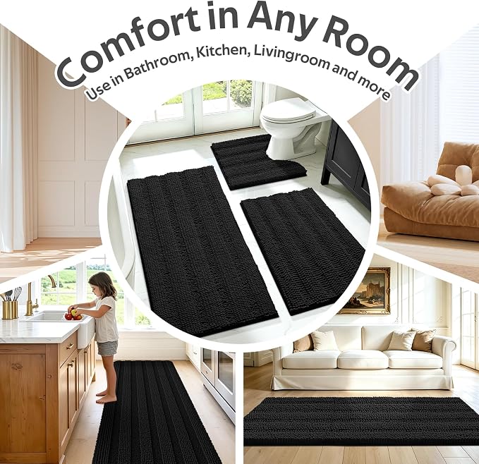 Striped Black Bathroom Rug Set 3 Pieces Ultra Soft, Non Slip Chenille Toilet Mat, Absorbent Plush Shaggy Bath Mats for Bathroom, Bedroom, Kitchen