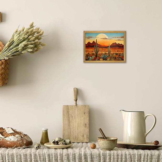 Framed Western Desert Sunset Cactus Wall Art, Vintage Southwest Nature Landscape Canvas Print, Rustic Wall Decor Picture, Boho Mexican Oil Painting for Living Room Bedroom Office bathroom 8x10 Inch