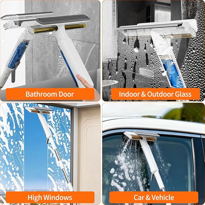 4 in 1 Window Squeegee with Water Tank,Window Cleaner Tool with Remote Control Water Spray,16'' to 72'' Adjustable Extension Pole,Wastewater Tray,Sponge Window Squeegee for Shower Glass Car Window