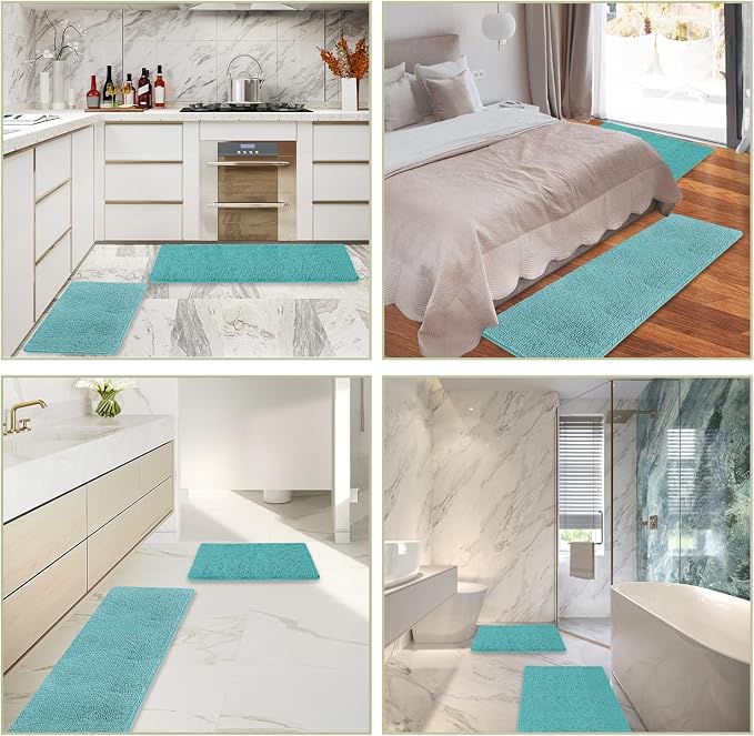 Teal Bathroom Rugs Sets 2 Piece – Absorbent and Washable Bath Mat, Non-Slip, Thick Soft Chenille Bath Rugs for Bathroom Floor, Shower, Sink - 17" x 24"+20" x 32"