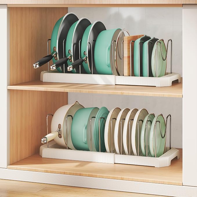 Expandable Pan Organizers Inside Cabinet with 10 Dividers White | Extends 12.9-21.9", Holds cookie sheets, cutting boards, pot lids and pans, iron dividers, plastic base, under cabinet rack
