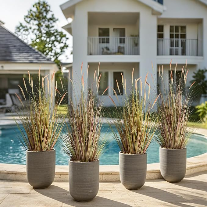 4ft 2-Pack Artificial Cattail Reed Grass, 47.2’’ Fake Indoor Outdoor Plants | Artificial Onion Grass Floor Plant, Home Office Wedding Decorative Potted Plants, Housewarming Gift, Pink