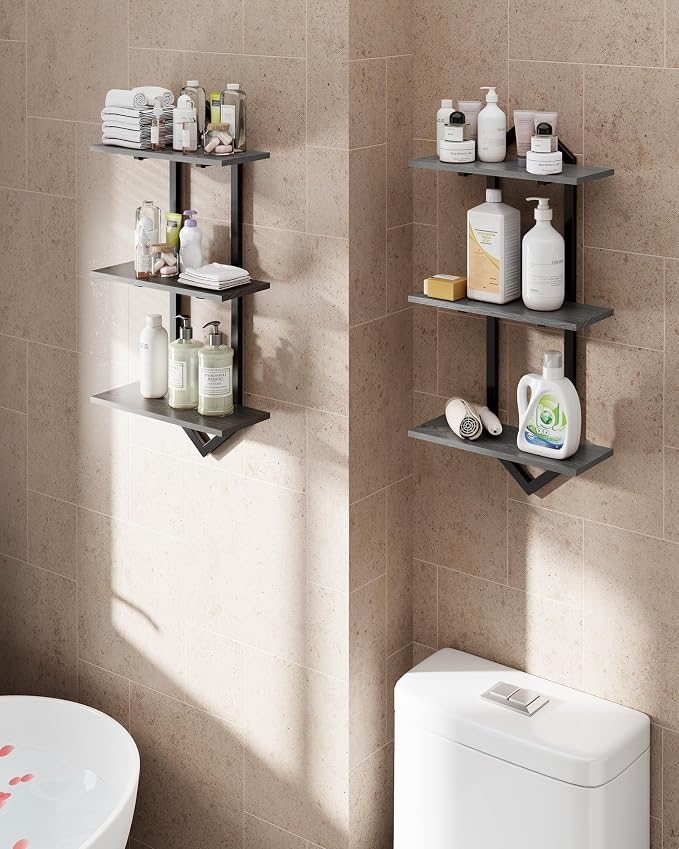 3 Tier Floating Wall Shelves, Set of 2 Decorative Wooden Shelf | Modern Geometric Hanging Storage Shelves for Living Room, Bedroom, Kitchen and Office, Perfect for Books, Plants and Decor