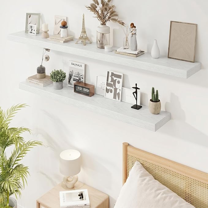 9.25in Depth 55in Floating Shelves, 55"W x 9.25"D x 1.5"H, White, 2Pcs | Long Wall Mounted Engineered Wood Shelves for Wall with Invisible Brackets for Living Room, Bedroom, Bathroom, Kitchen