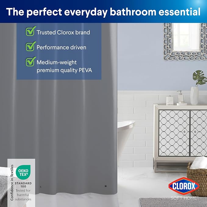 Clorox Shower Curtain Liner, Premium Colored Medium-Weight Durable Waterproof 6g PEVA for Bathroom with Weighted Magnets, Standard Size 72" x 72", Grey