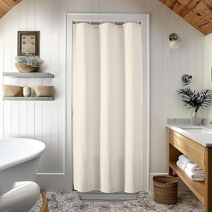Stall Fabric Shower Curtain Set - 36x72, Waffle Weave 230GSM Heavy Duty Small Fabric Shower Curtains for Narrow Size, Machine Washable Bath Curtain with 12 Plastic Hooks, 36x72 Inch, Cream