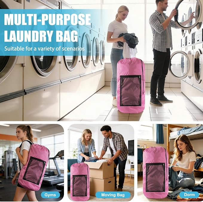 Olosar Laundry Bag Backpack, Extra Large Travel Laundry Bag with Mesh Pocket & Adjustable Shoulder Straps,Dirty Clothes Travel Bag for College Students Dorm,Apartment(Pink)