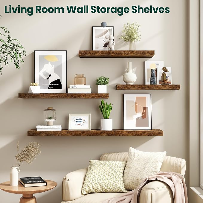 Floating Shelves for Wall, 32 Inch x 8 Inch Deep Wall Mounted Wood Shelf with Invisible Brackets for Storage & Display, Living Room Bedroom Kitchen, Rustic Brown, Set of 2