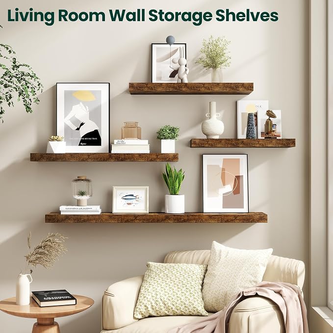 Floating Shelves for Wall, 36 Inch x 8 Inch Deep Wall Mounted Wood Shelf with Invisible Brackets for Storage & Display, Living Room Bedroom Kitchen, Rustic Brown, Set of 2