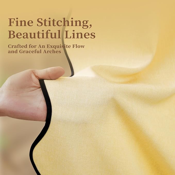 72x90 Boho Scalloped Linen Textured Cloth Shower Curtain Set, Yellow | Long Size, 230GSM Waterproof Polyester, Heavy Duty Fabric, 12 Plastic Hooks, Elegant Modern Farmhouse Style, Machine Washable